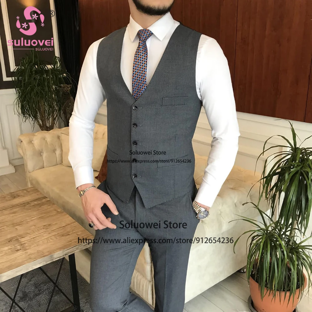 Fashion Office Suit For Men Slim Fit 3 Piece Jacket Vest Pants Set Male Business Blazer Formal Groom Wedding Peaked Lapel Tuxedo
