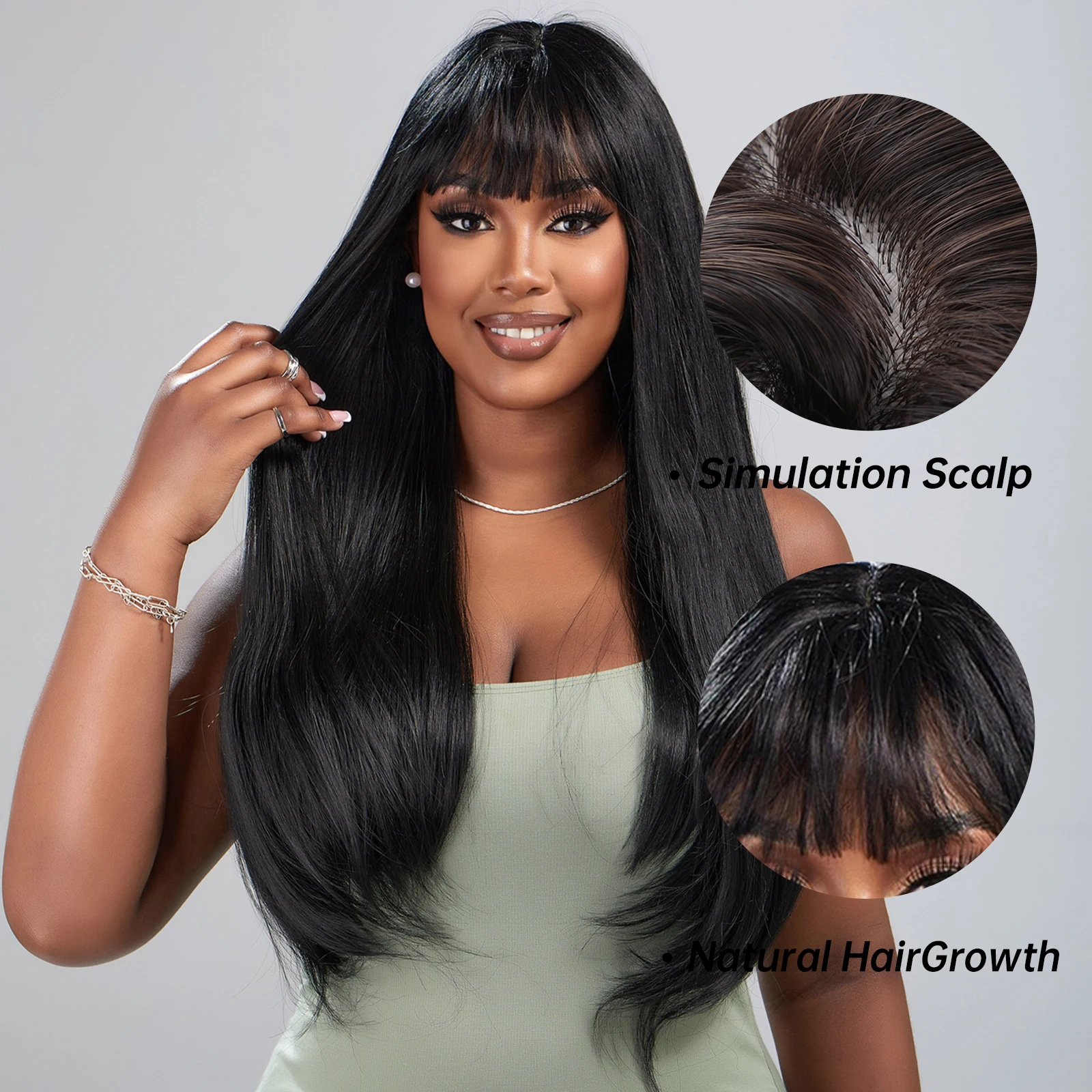 Long Black Straight Wigs for Women Dark Daily Wig Synthetic Wigs with Bangs Heat Resistant Fiber Natural Looking Hair_voghion.com