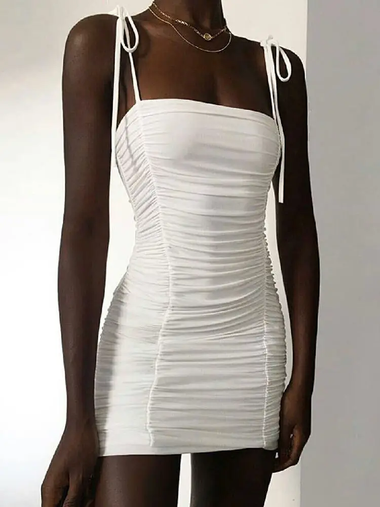 

Sexy Spaghetti Strap Bodycon Mini Dress Women's Backless Ruched Bandage Party Nightclub Vestidos Spring Autumn New Style