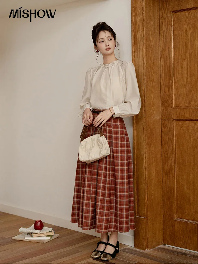 MISHOW Red Plaid Pleats Midi Skirt for Women 2024 Autumn