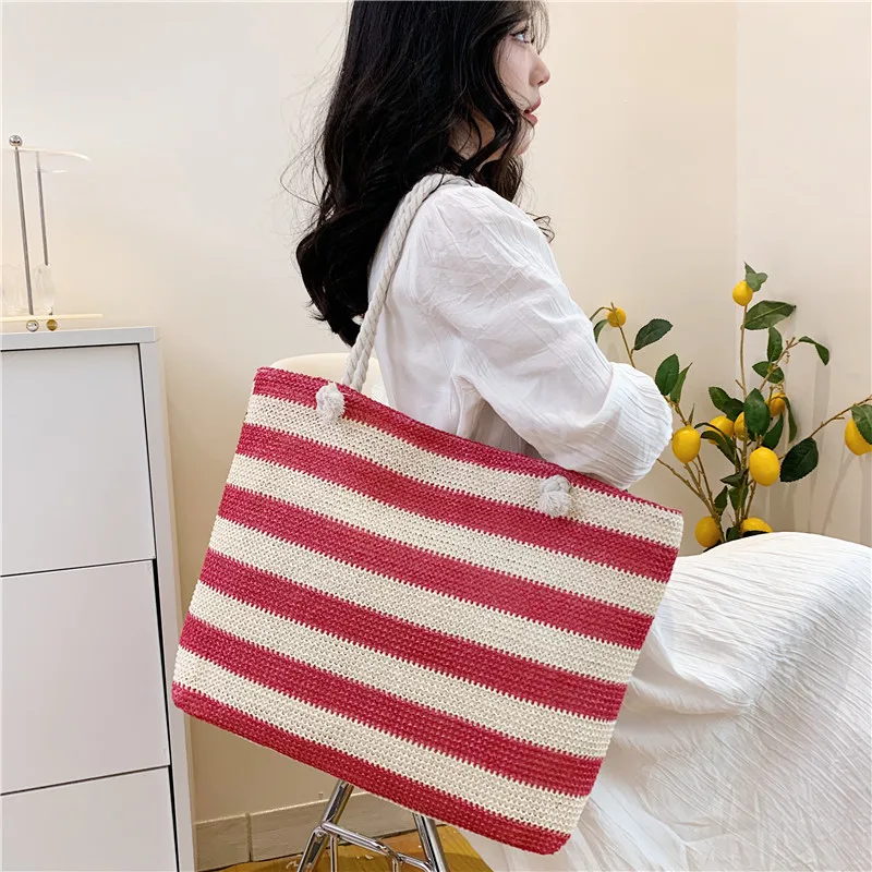 New Trendy Striped Knitted Mini Tote Bag Women Girl Casual Shoulder Bag Student Handbag Retro Canvas Bucket Bag Purse