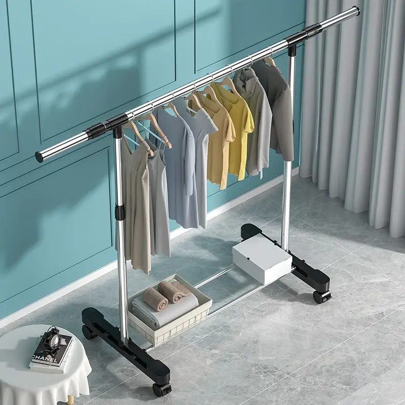 Tainless Steel Floor Drying Rack Double Pole Lifting Clothes Hanger Telescopic Mobile Hanging Clothes Rack Bedroom Coat clothes rack
