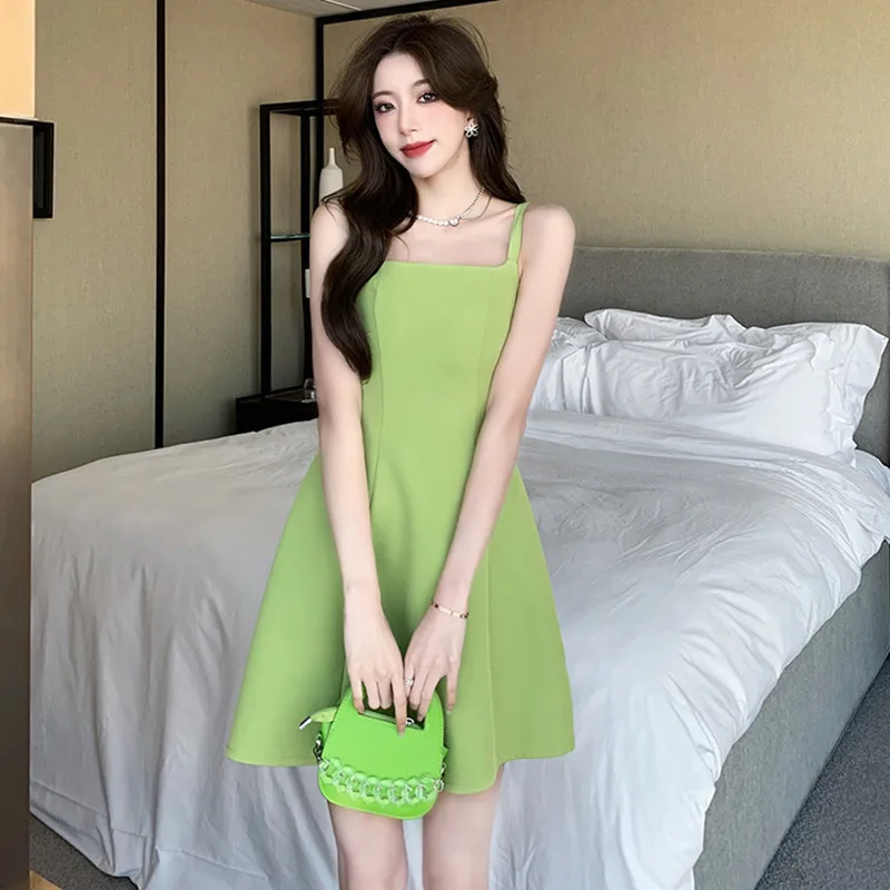 

2023 Dress Summer New French Simple Strap Square Neck Slim A-Line Hem Free Shipping