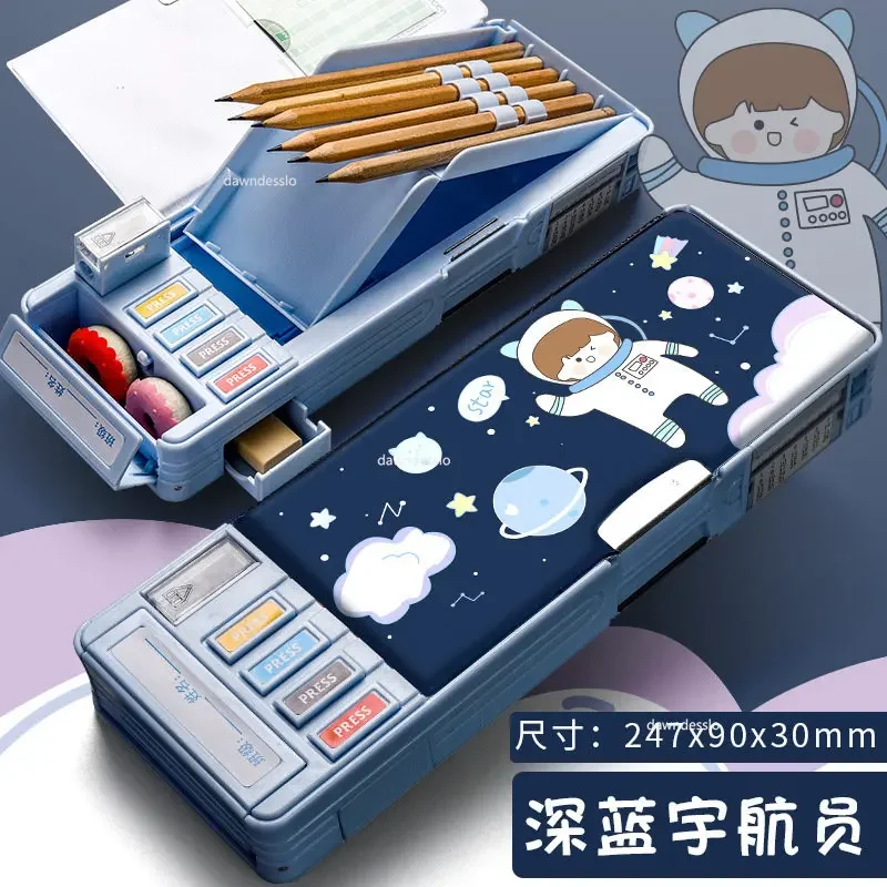 Pencil Cases Kawaii Stationery Multifunction Pen Box Astronaut Cat Dinosaur Double Layer