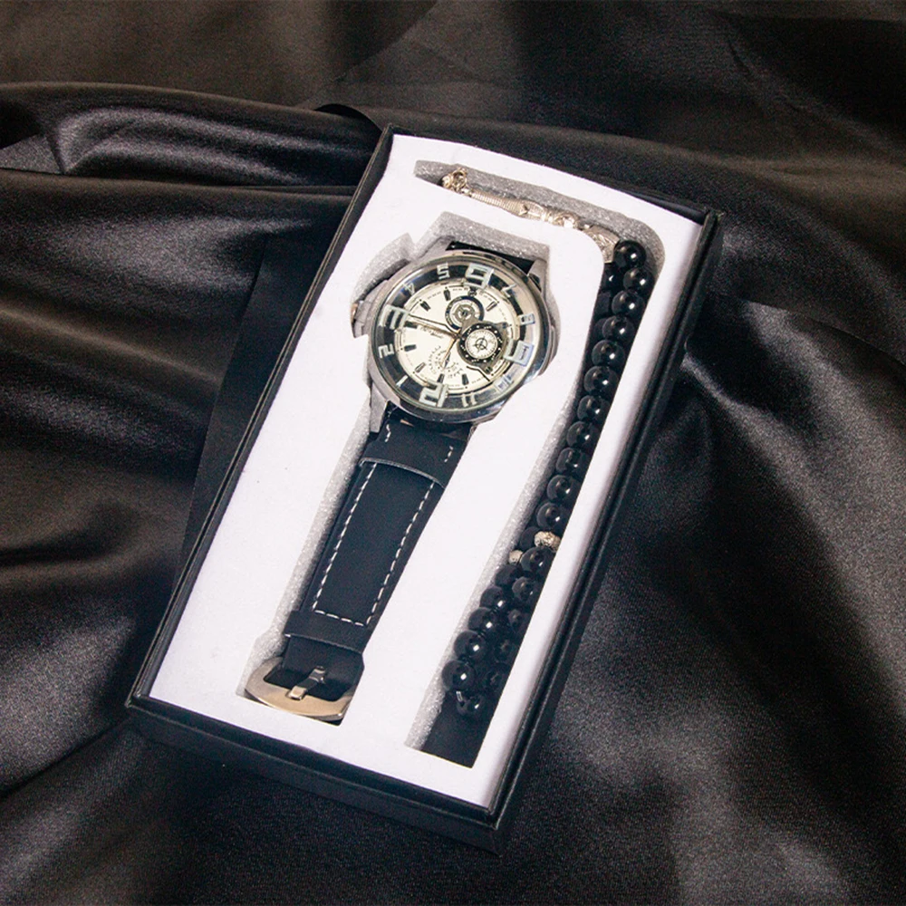 2PCS Set Fashion Mens Business Watches Men Casual Quartz Wrist Watch With Men's Rosary Bracelet Relogio Masculino + Box
