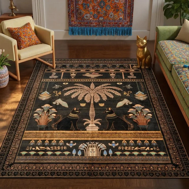 Bohemian Living Room Carpet Brown Black Cat Palm Tree Print Bedroom Rug Large Area Non-slip Machine Washable Coffee Table Mat 러그