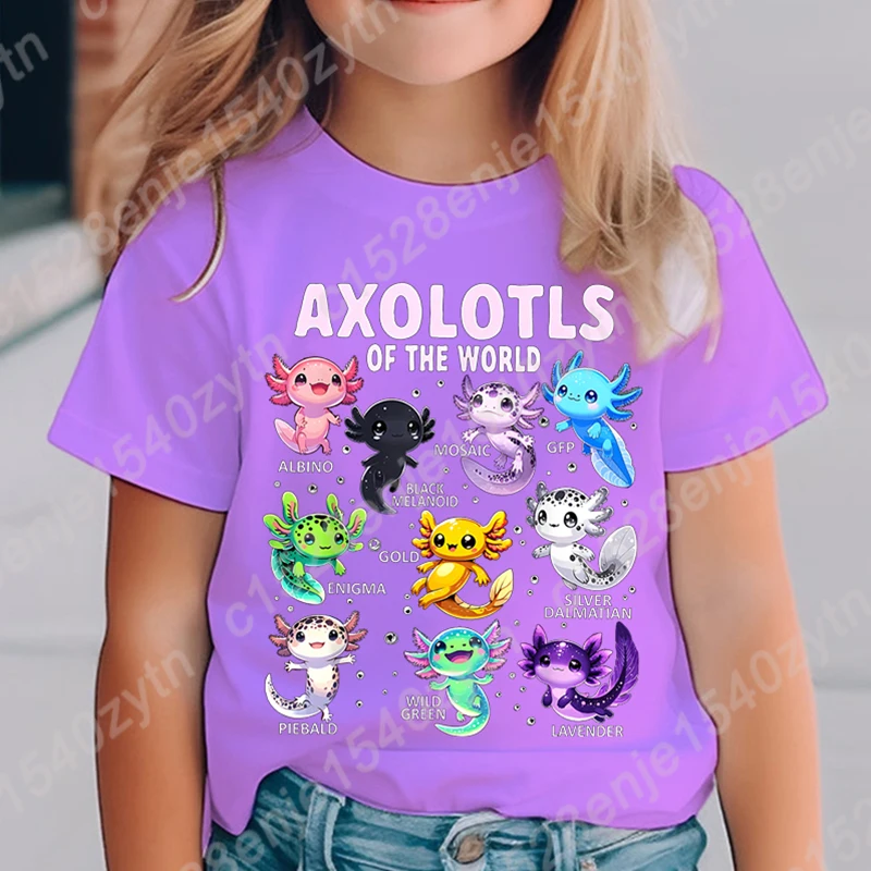 Colorful Cartoon Axolotls Graphic Print Tee, Girls' Casual & Comfy Crew Neck Short Sleeve T-shirt For Spring & Summer 5