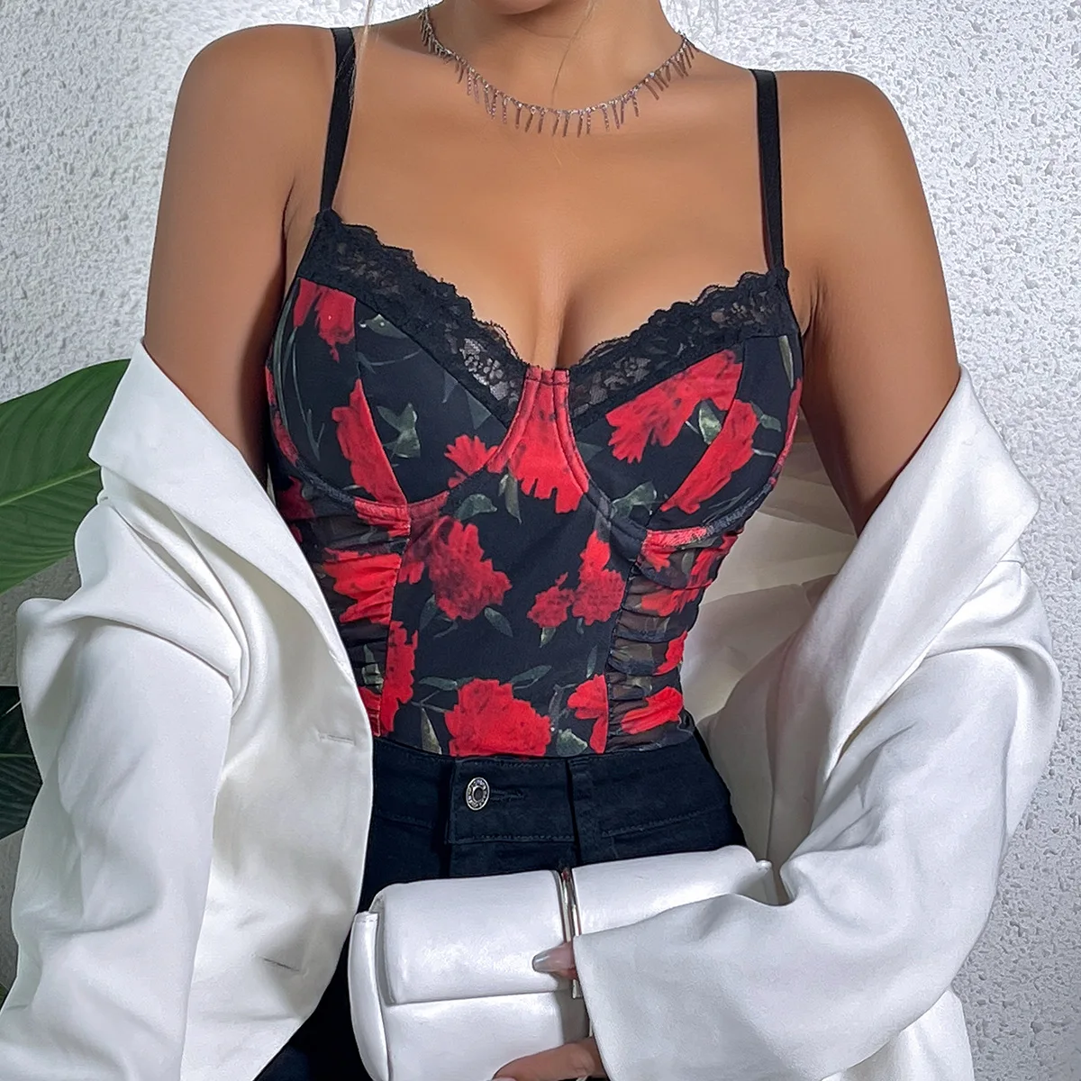 

Print Jumpsuit Hip Lift Pleated Shapewear Women's Tank Top Body Suit Thongs Slim Fit Lingerie BodyShaper Tops Halter Onesie