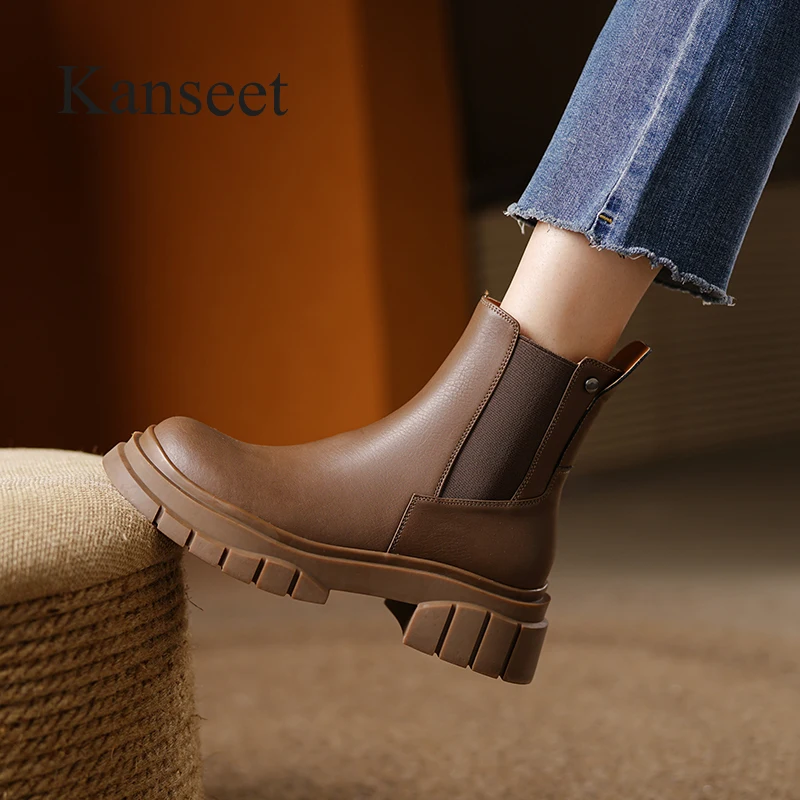 

Kanseet Women Short Boots New Autumn Winter Round Toe Elastic Genuine Leather Thick Heels Handmade Black 40 Ankle Boots For Lady