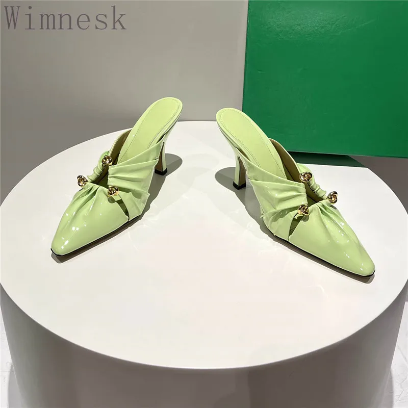

Summer New Retro Women Slippers Pointed Toe High Heels Pleated Women Shoes Fashion Classic Genuine Leather Party Shoes Woman