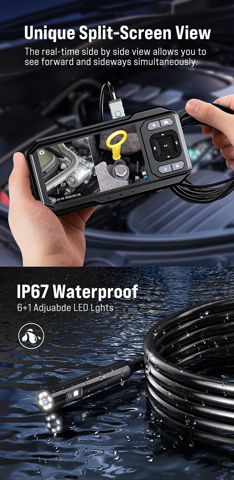 4.5'' IPS Endoscope Camera 1080P Dual Lens Inspection Borescope for Pipe Car Rep