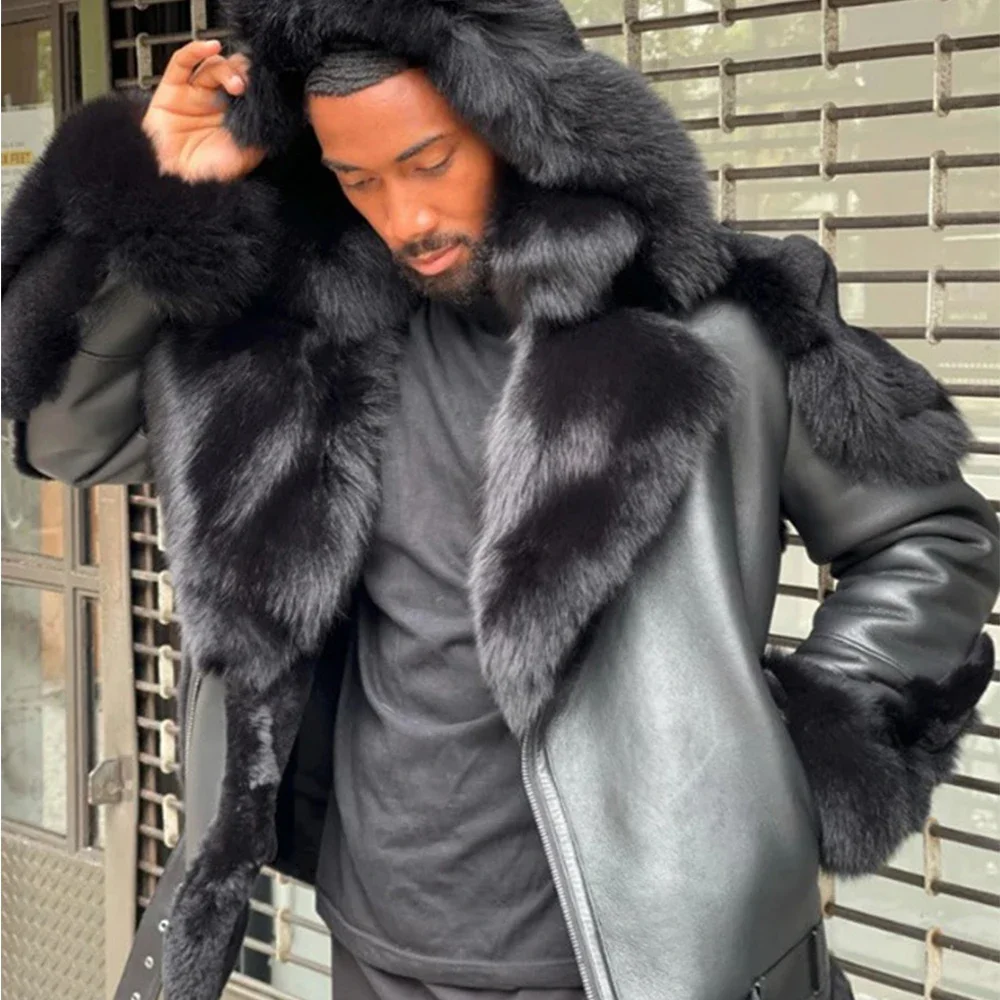 Men's faux leather plush fur Fabric integrated short belt with large lapel collar coat Tough motorcycle clothing jackets for men