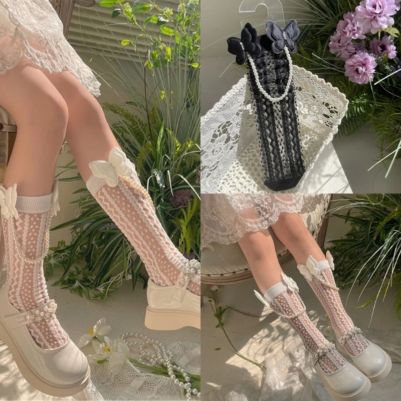 

Elegant Lace Trimmed Calf Length Socks for Girls Piled Up Socks In Tube Socks
