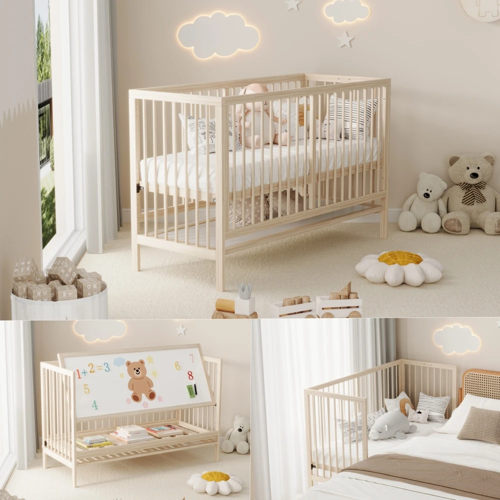 140x60x90cm Wooden Baby Cot, Convertible Into An Extra Bed / Painting Board Rack / Desk, Height Adjustable, No Mattress, Spruce S3b6bac284b9c48649289fea53ee64db5a
