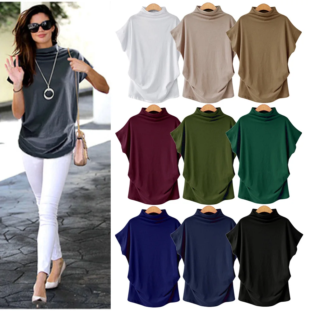 

Plus Size Women's Half-turtleneck Bat Sleeve Top Solid Color Polyester Cotton Loose Short Sleeve T-shirt Women Vintage Clothes