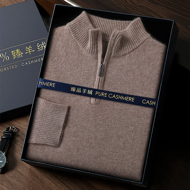 100% Goat Cashmere Men Mock-neck Sweater Zipper Pullovers Autumn Winter Thick Classical Solid Loose Knitwear Korean Men Clothes 6