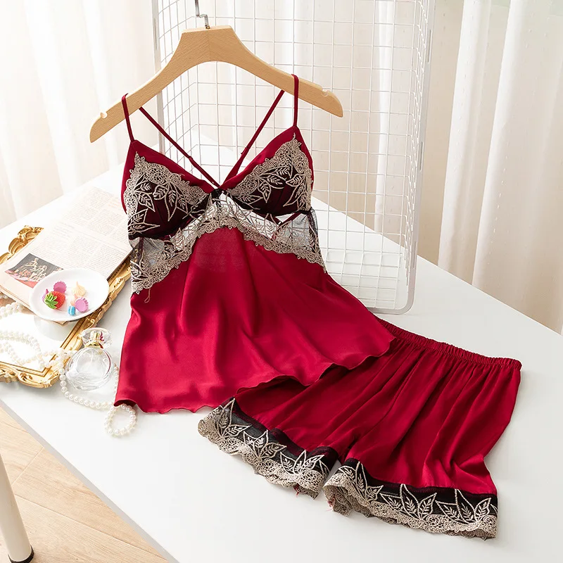 

2PCS Pajamas Suit Summer Satin Lace Patchwork Women Home Clothes Sexy Sleeveless Cami&Shorts V-Neck Intimate Lingerie Loungewear