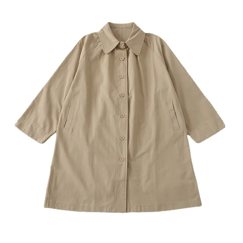 

2022 Casual Basic Doll Collar Raglan Sleeves Loose Mid-Length Tops Long-Sleeved Khaki Trench Coats Preppy Women's Clothing