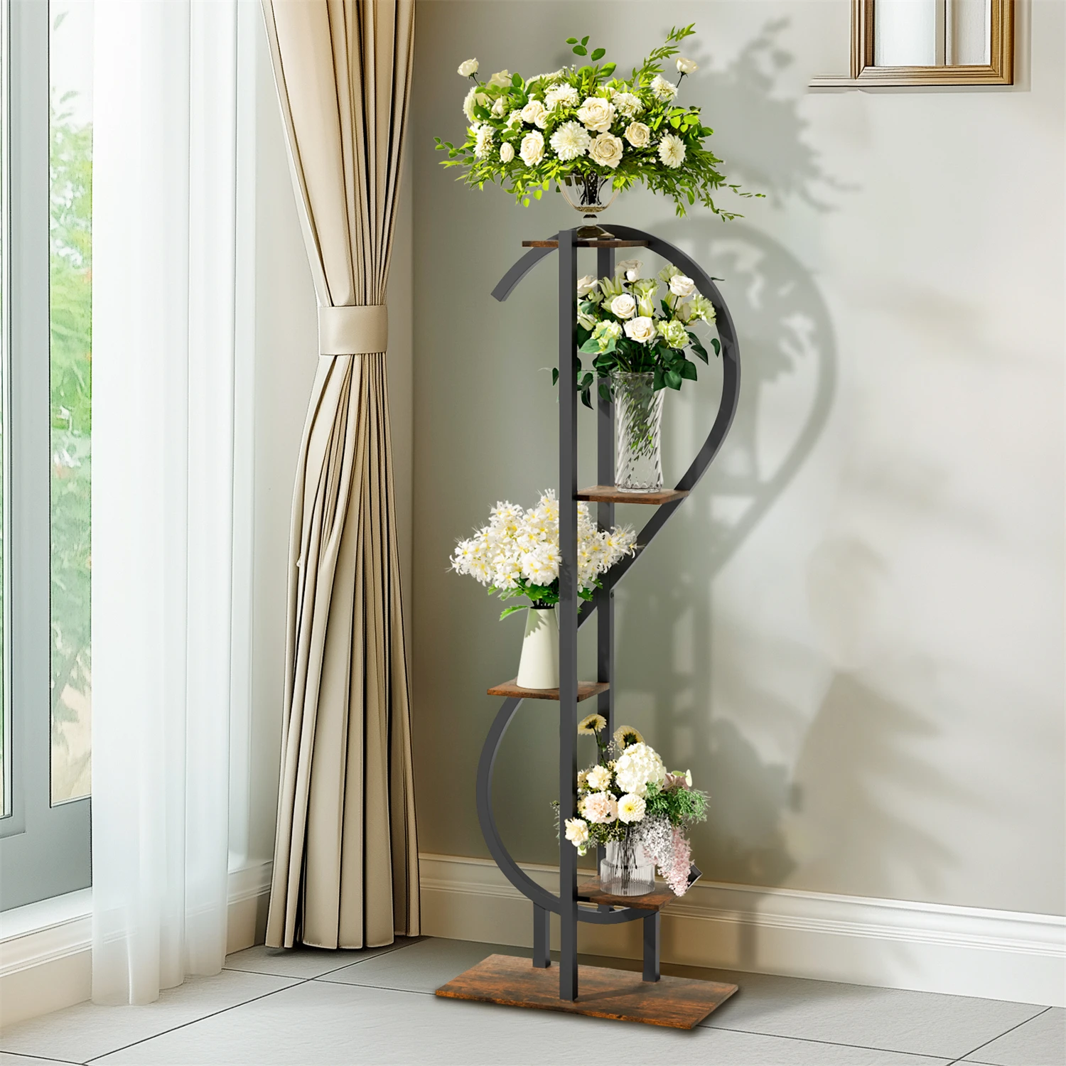 153CM Tall S-Shaped Vertical Plant Stand Multilayer Garden Flower Pot Stand Display Holder Wood and Metal