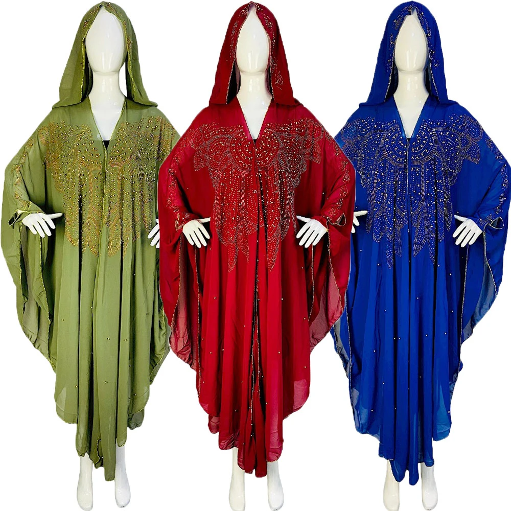 

Moroccan Kaftan Diamonds Hooded African Dresses for Women 2024 Traditional Clothing Africa Dashiki Boubou Abaya Robe Dubai Dress