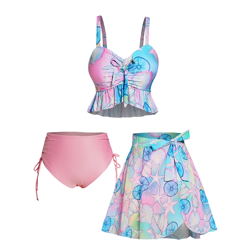 

Starfish Shell Print Three Piece Tankini Swimsuit Cinched Bottoms Skirt Tankini Swimwear Padded Bowknot Ruched Bathing Suit