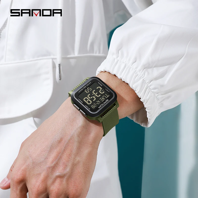 SANDA 2194 Square LED Electronic Watch Mens Multifunctional Digital Timing Clock Calendar Alarm Military Casual Waterproof Watch 4