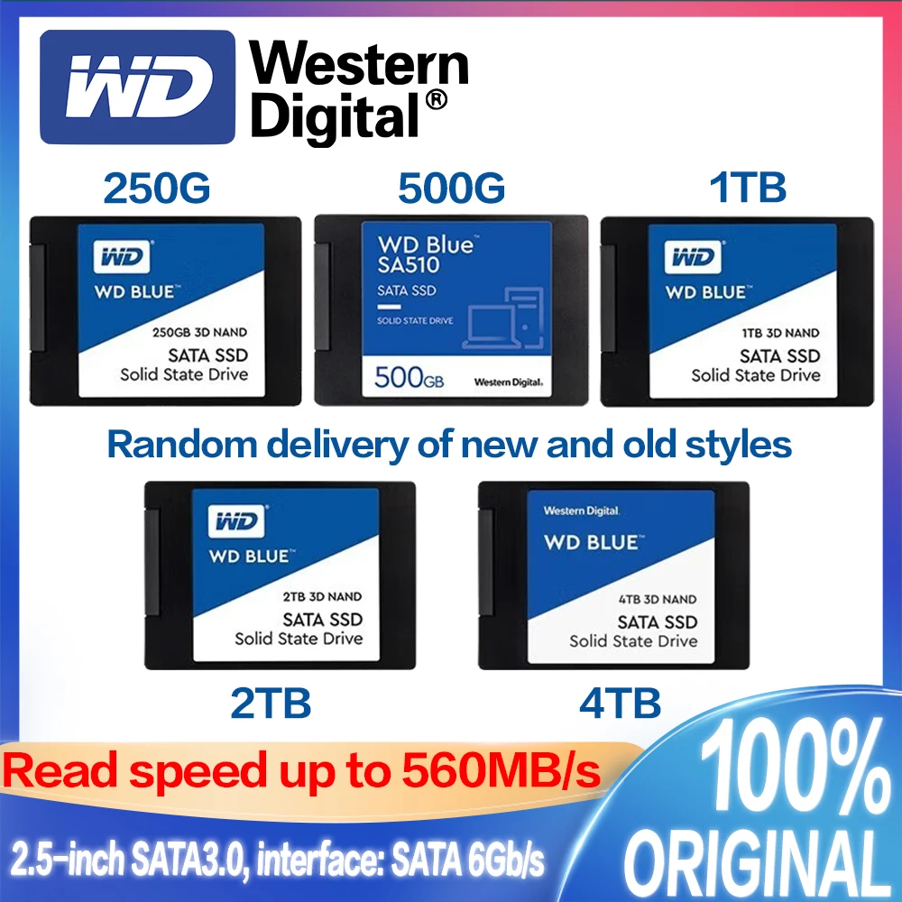 Western Digital-WD Blue Disque dur interne SSD 3D NAND SATA III 6  Gbumental, 2.5 pouces, 250 Go, 500 Go, 1 To, 2 To, 4 To, pour PC Loptop