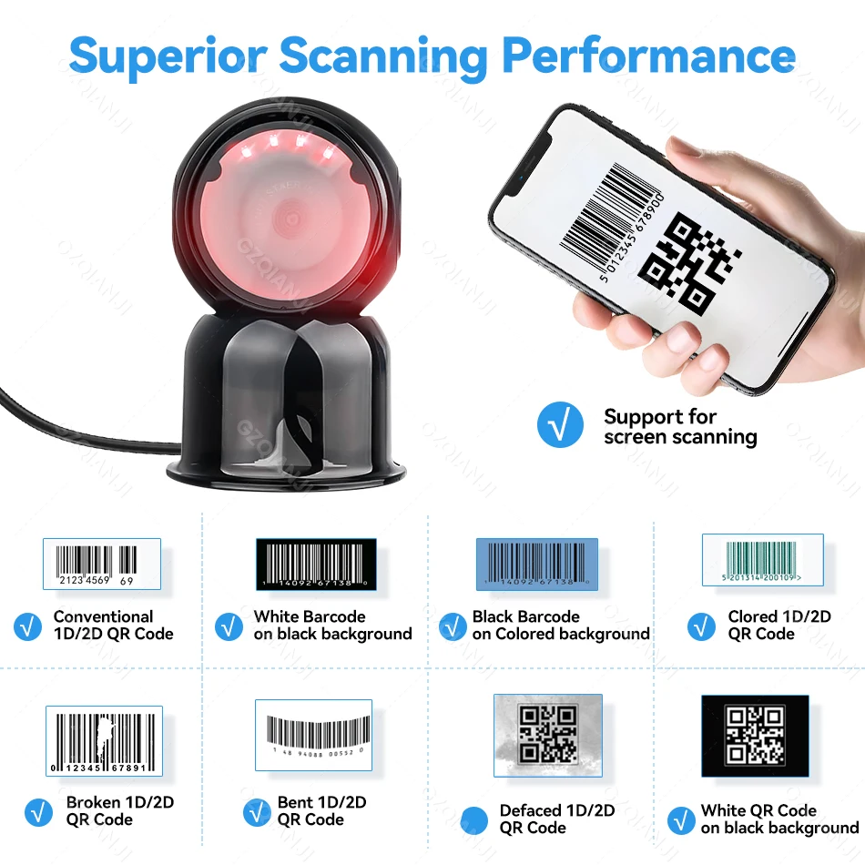 Desktop 1D 2D Barcode Scanner Supermarket Usb QR Code Reader with Automatic Sensing Data Matrix Cigarette Reading GZQIANJI