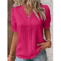 Chemisier élégant à manches courtes pour femme, chemise col en V, patchwork de dentelle, été 2