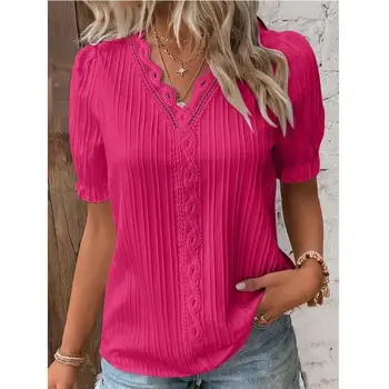 Plus Size Women's Shirt Blouse Yellow-green Violets White Plain Lace Short Sleeve Casual Basic V Neck Regular Pullover White Blo 5