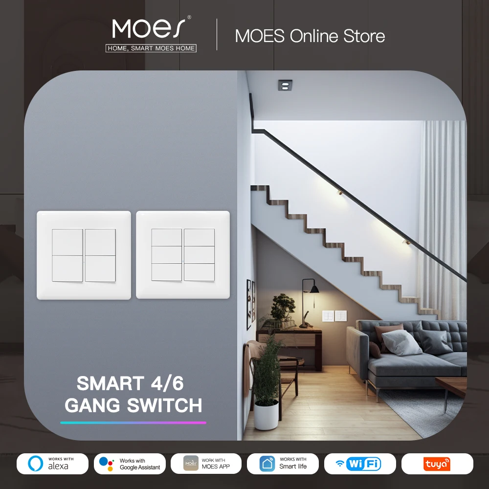 

MOES Tuya 4/6 Gang Zigbee Smart Wall Light Switch Fireproof Neutral Required Push Button Remote Control Work With Alexa Google