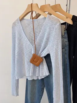Zjaiss 2026 Summer Blue V-Neck Thin Sunscreen Knit Cardigan Women Outerwear Air Conditioner Shawl Single-breasted Short Tops 1