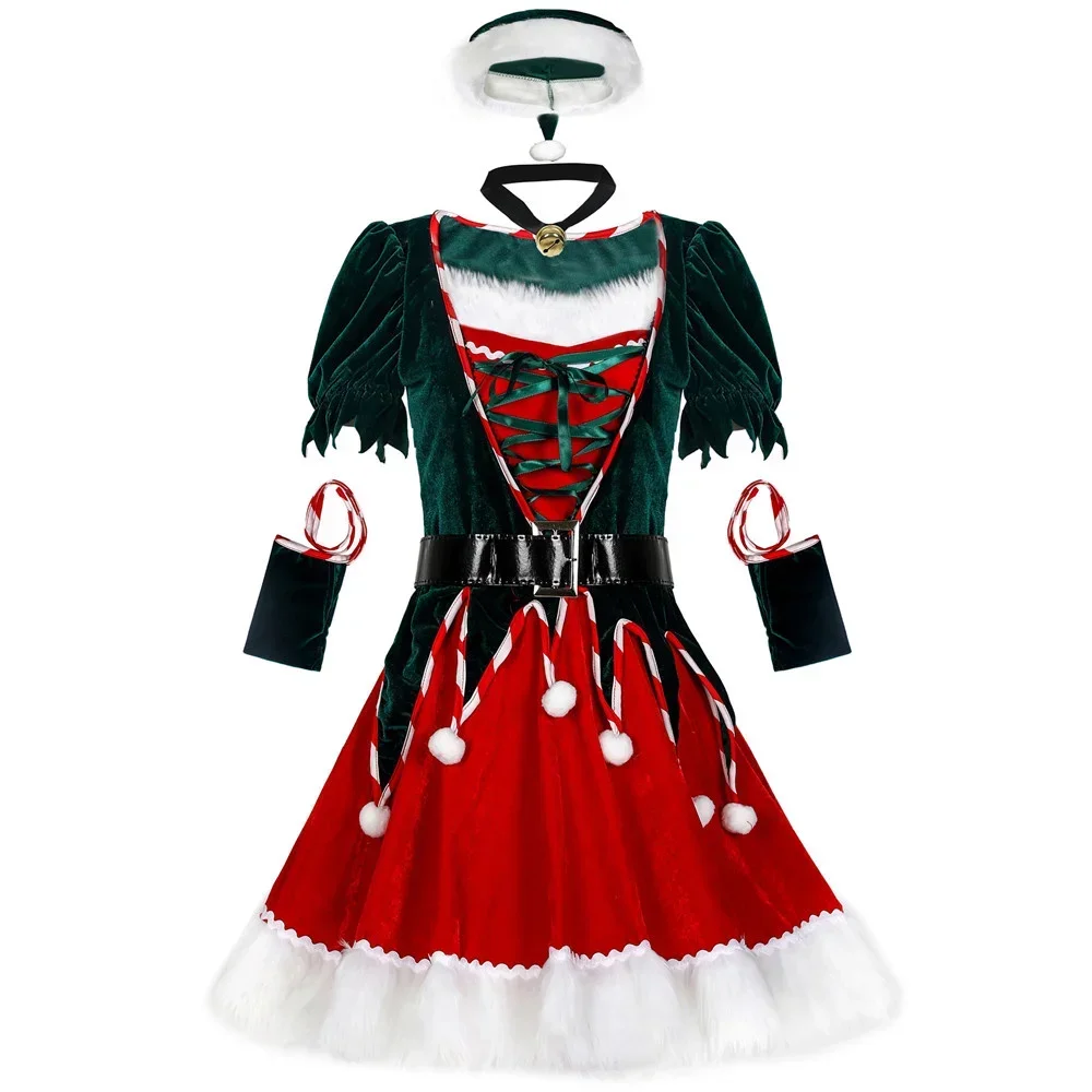 

Adult Green Velvet Christmas Dress Claus Xmas Costume Santa Claus New Year Fancy Dress Clothes Set Outfit