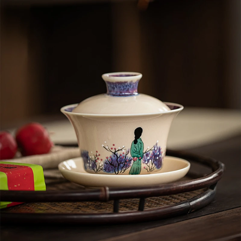 

Hand Painted Back View Kiln Change Porcelain Gaiwan For Tea Purple Tureen With Lid Teaware Kung Fu Tea Set Cup Bowls Chawan