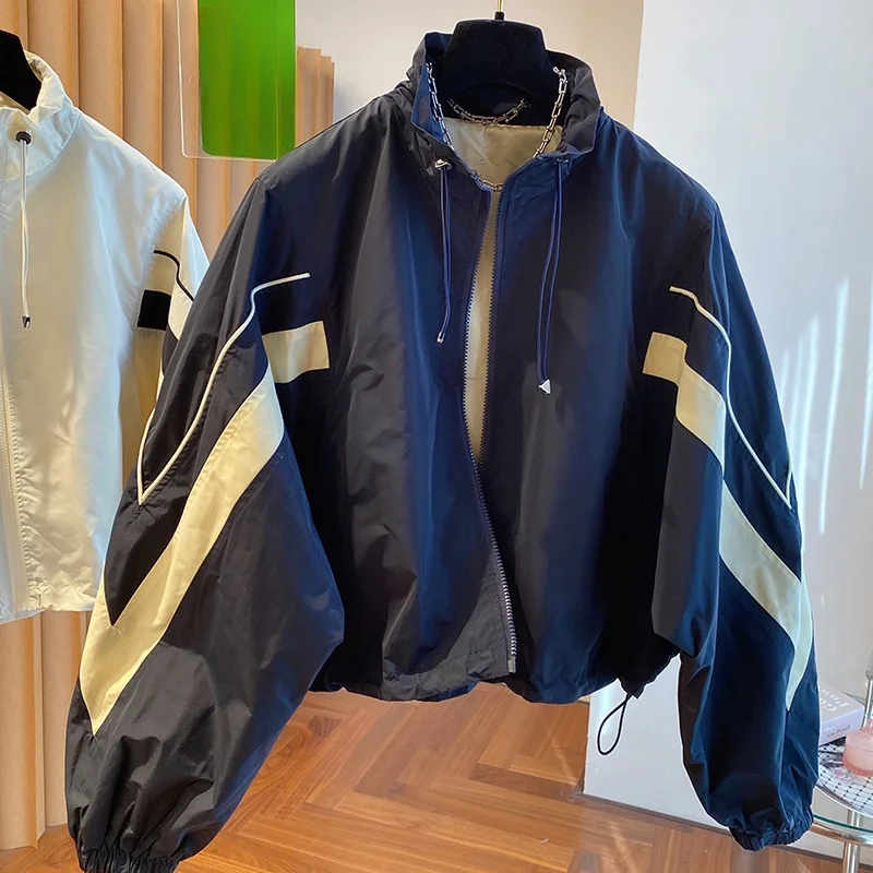 Contrast Stitching Stand-up Collar Trench Coat Women Casual Sports