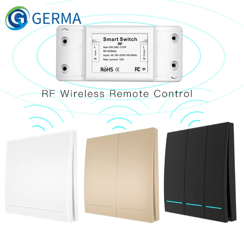 

GERMA 433Mhz Wireless Smart Switch RF Remote Control Receiver Push Button Controller Wall Panel Transmitter for light lamp door