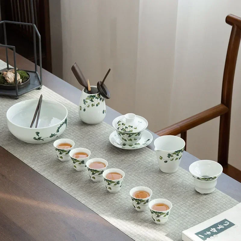 Japanese Style Grass Wood Gray Ceramic Gaiwan Large Ceremony Bowl Kung Fu Tea Set Household Minimalist Covered Bowl 175ml tea set