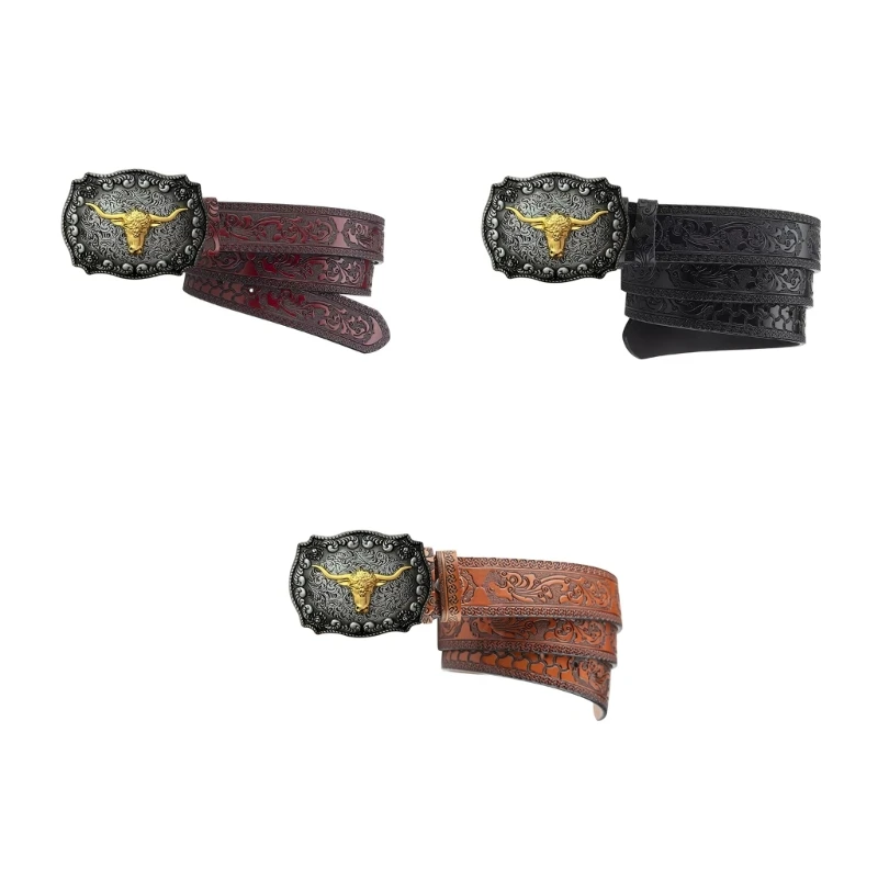 

American Carved Bull Head Buckle Waist Belt Genuine Waistband for Adult Teens
