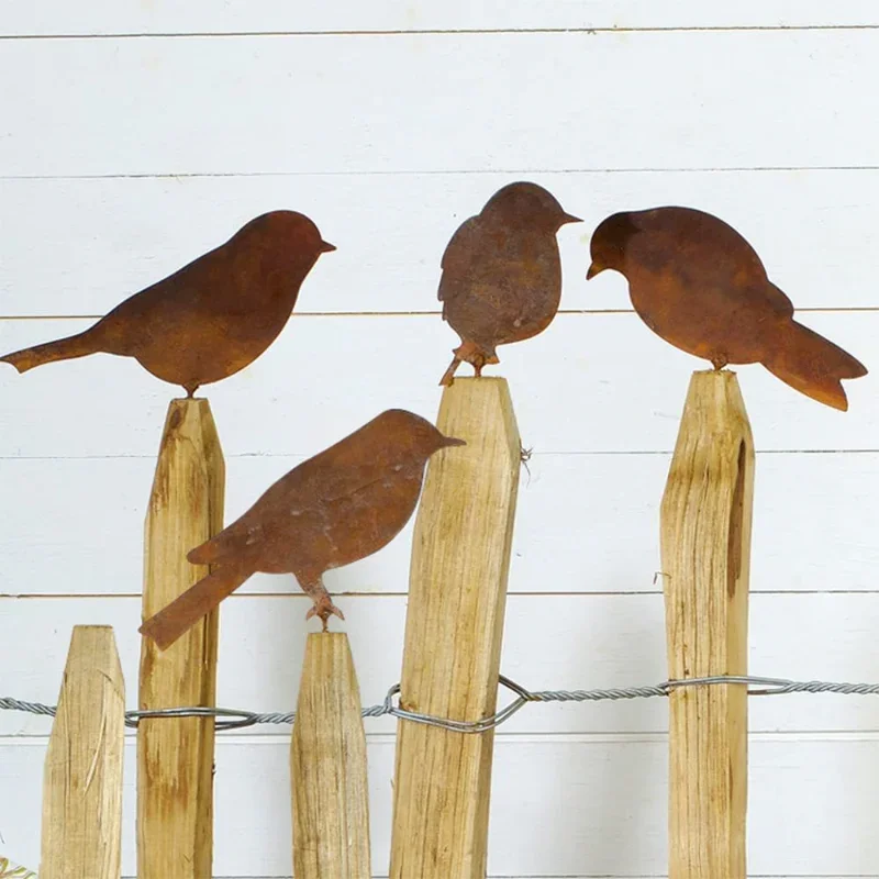 4 sztuk/zestaw zardzewiały metalowy ptak Ornament żelazne rzemiosło w kształcie ptaków sztuka sylwetka rzeźba dekoracyjna do domu ogrodowa dekoracja na ogrodzenie