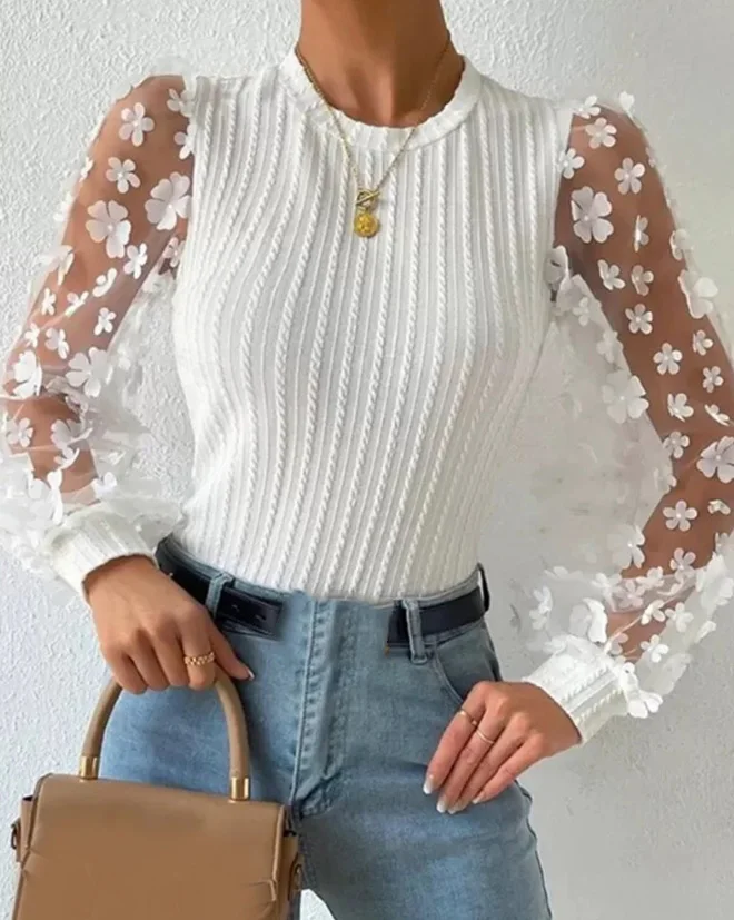 

Women T Shirt Floral Pattern Sheer Mesh Casual Tee Clothes Cable Textured 2024 Spring Slim Female Round Neck Long Sleeve Tops