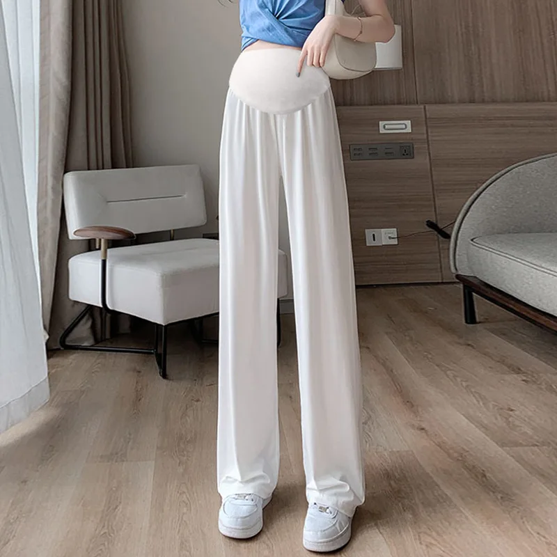 Solid Color Maternity Belly Pants Solid Color High Waist Thin Cool Pregnant Woman Straight Trousers Long Loose Pregnancy Pants maternity pants