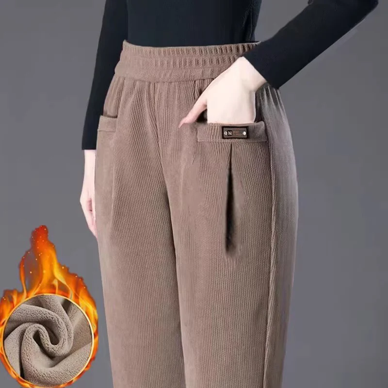 Fleecing Elastic Waist Pencil Pants Solid Casual Warm Long Pant Winter Women's Clothing Promotion Trouser Office Lady Simple New