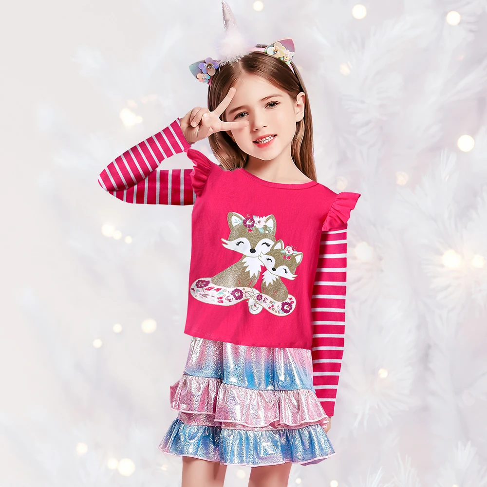 DXTON Toddlers Girls T-shirts Striped Ruffled Long Sleeve Kids Cartoon Tops Squirrel Print Casual Winter Girls Cotton Clothing 5