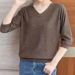 Autumn and Winter Women's Pullover V-neck Patchwork Button Solid Color Loose Fashion Casual Elegant Commuter Long Sleeve Sweater