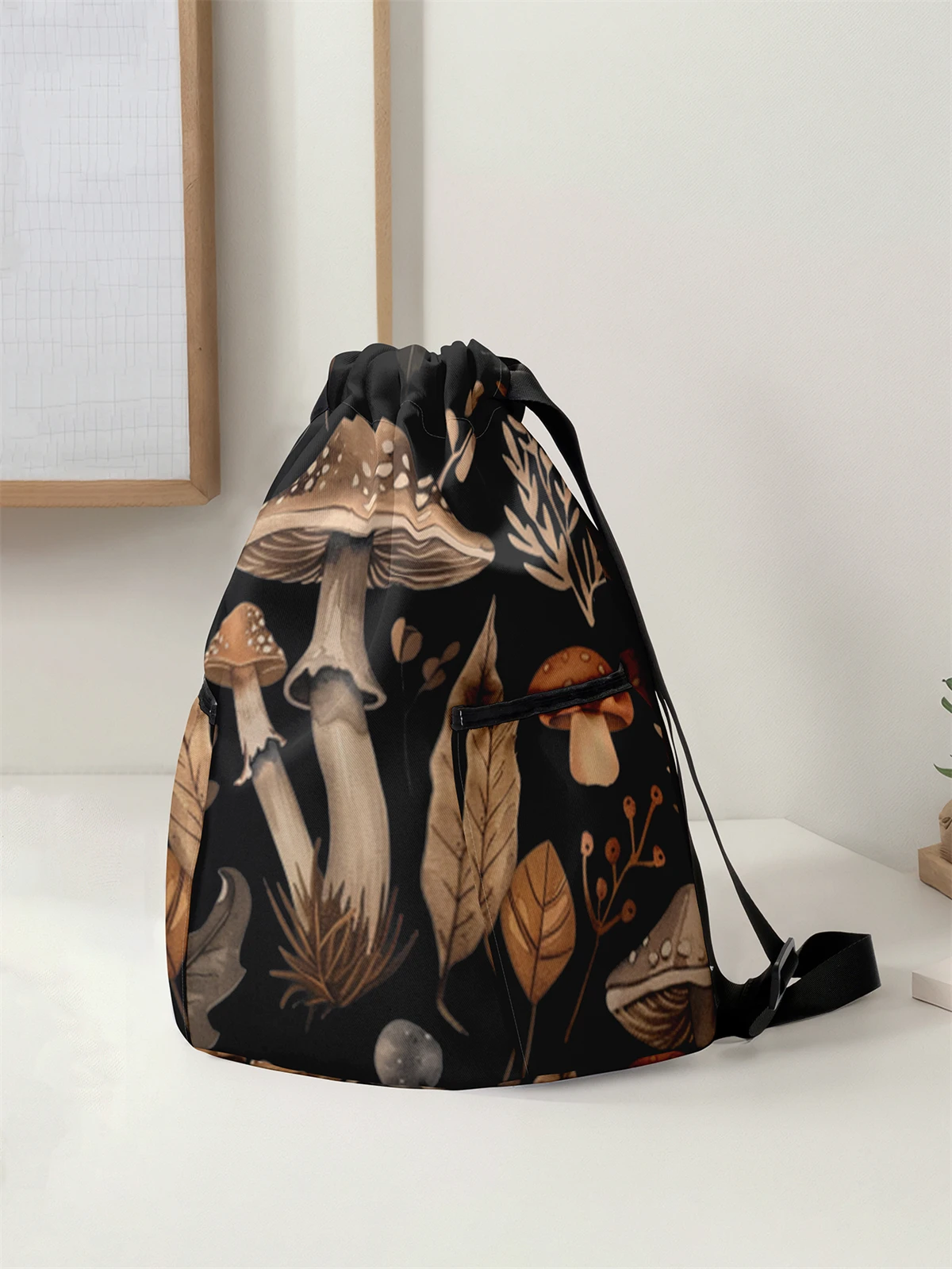 Mushroom Pattern Drawstring Backpack - Large Capacity Durable Fitness Bag, Adjustable Shoulder Strap, Sports Beach Backpack
