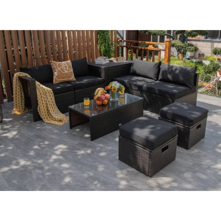 8 Pieces Patio Space Saving Rattan Furniture Set with Storage Box and Waterproof Cover