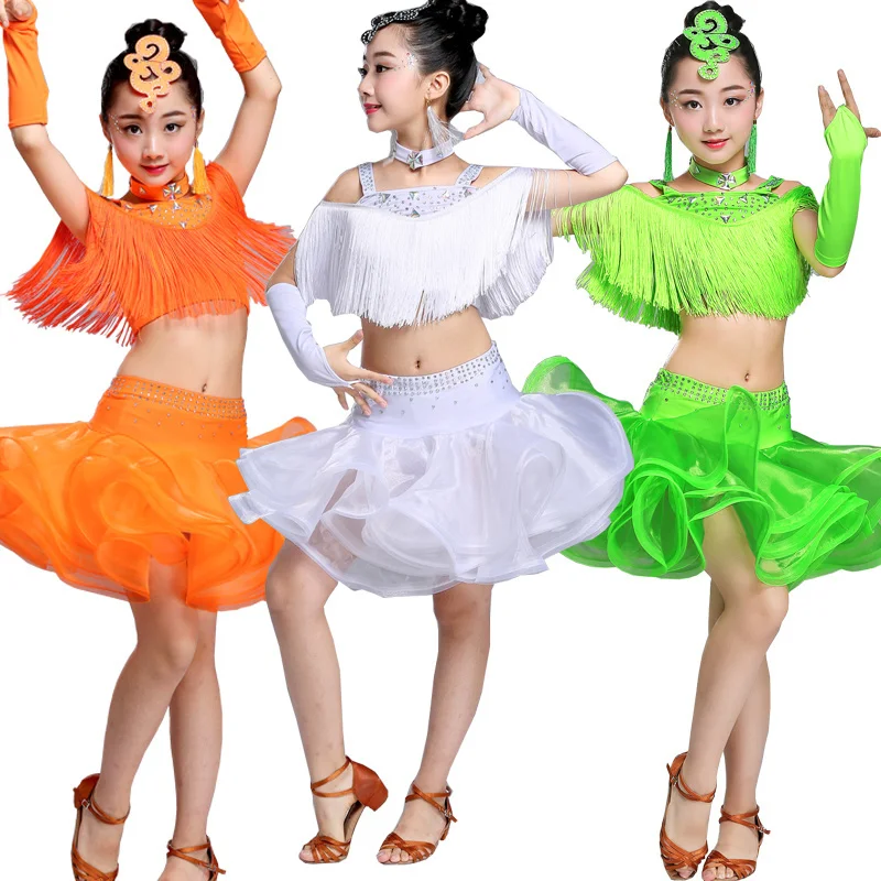 

Tassels Girls Ballroom Latin Dance Clothes Kids Salsa Performance Costumes Girls Sequined Figure Skating Dress Rave Outfits