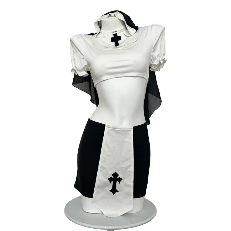 Japanese Cute Nun Cosplay Costume Black Priest Outfit Backless Temptation Dress Women Lingerie Set JK Uniform Anime Nun Headgear