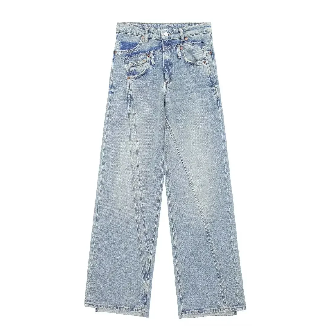

Women New Chic Fashion Side Pockets Loose Casual Versatile Wide leg Jeans Vintage Mid Waist Zipper Female Denim Pants Mujer
