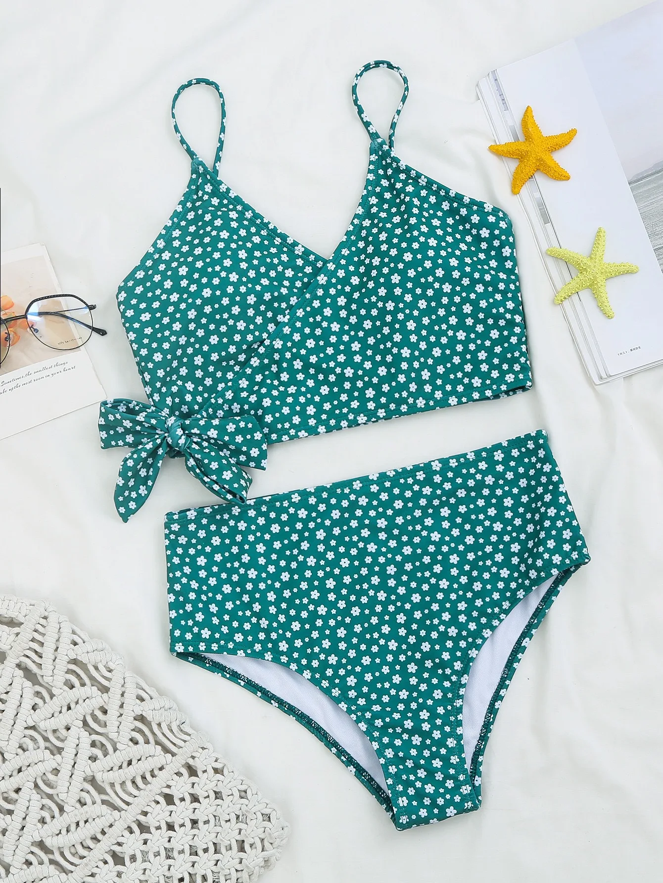 Women's green polka dot bikini swimsuit model view